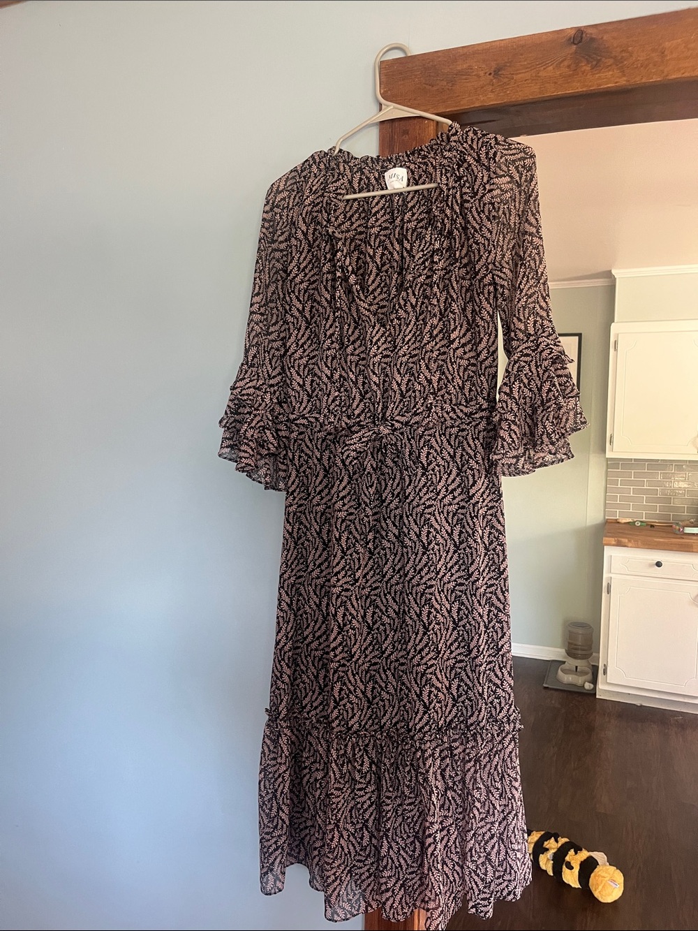 Misa Los Angeles Pink and Black Printed Midi Dress with Ruffled Sleeves